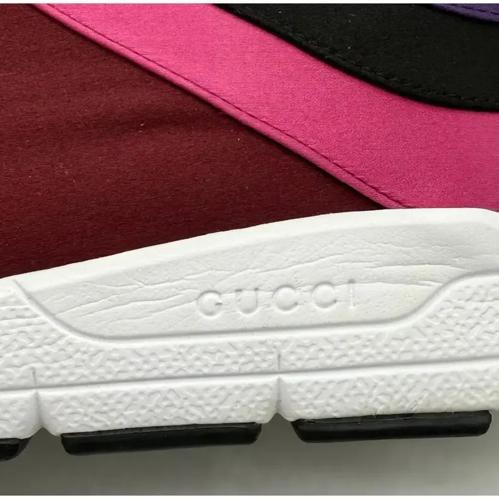 NIB GUCCI 3366 MULTICOLOR BLACK BURGUNDY GUCCI LOGO SATIN SNEAKERS TRAINERS 13.5